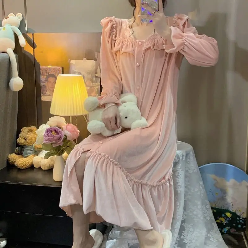 Velvet Nightgown Sleepwear Womens Elegant Ruffles Night Dress One Piece Pajamas Korean Autumn Long Sleeve Solid Home Wear 2023