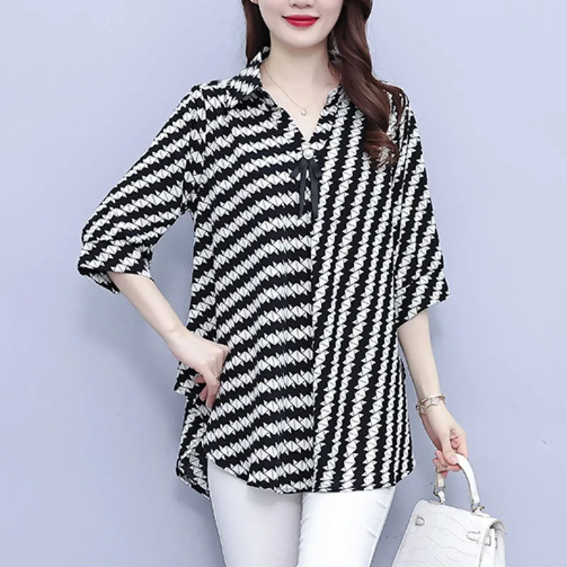 Spring Summer New Fashion Elegant Polo Blouses Casual Versatile Western Commuting Cloth Stripes Comfortable Women's Shirts