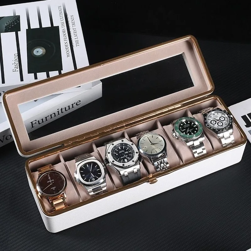 New PU Leather Watch Storage Box 6 Slots Clear Window Watch Organizer Case Transparent Lid Soft Interior Watch Bracket