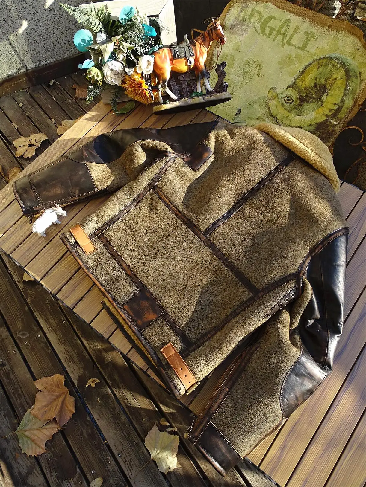 Battle Damage Patch Original Ecological Sheep Fur Integrated Retro Hand-Made Old Brush Color Genuine Leather Clothes