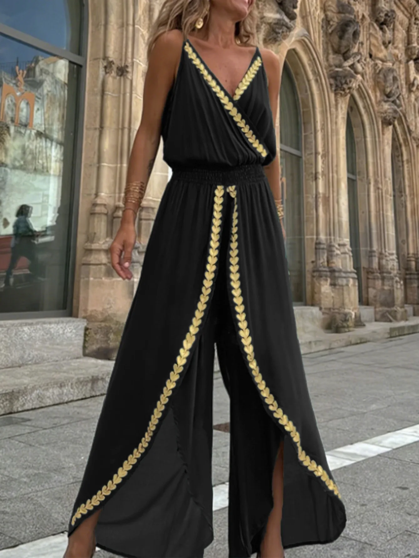 2025 verão novo macacão feminino elegante alça de deslocamento com decote em v borda dourada macacão de perna larga