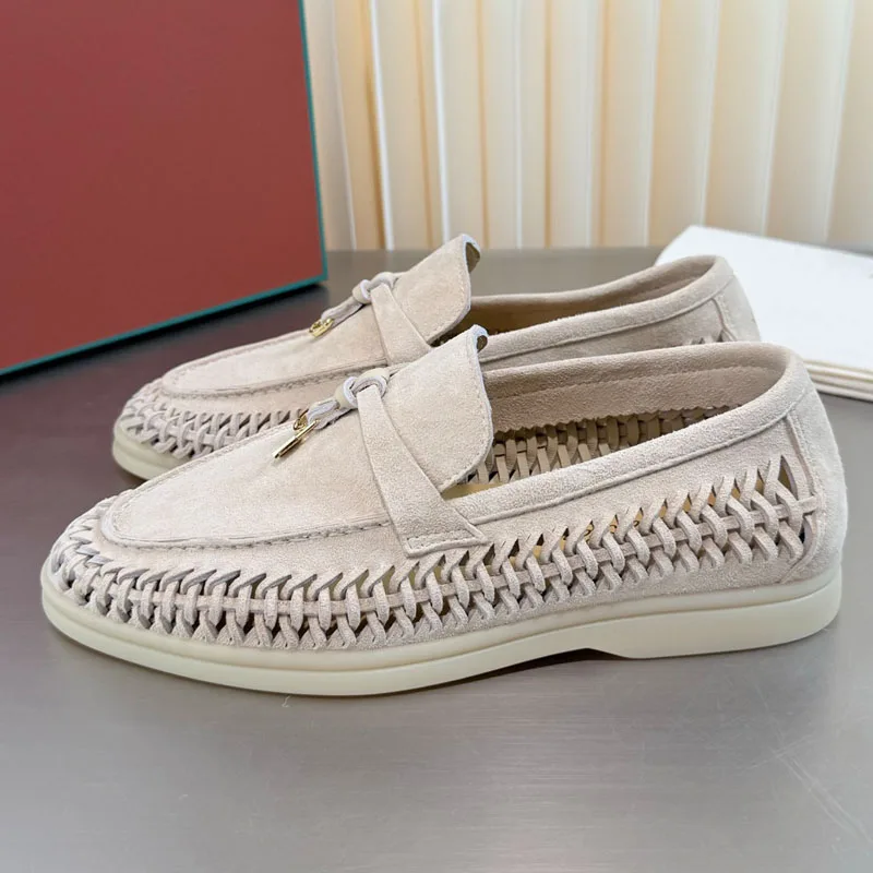 High Quality Men's Woven Genuine Leather Suede Casual Shoes Couple Breathable Comfortable Flat Woman Walking Driving Shoes