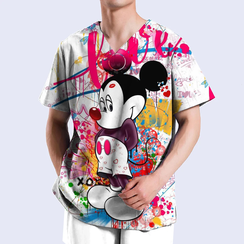 Disney Mickey Mouse Print Nurse Medical Uniforms V-neck Short Sleeve Pocket Workwear Top Scrubs Medical Accessories Uniform