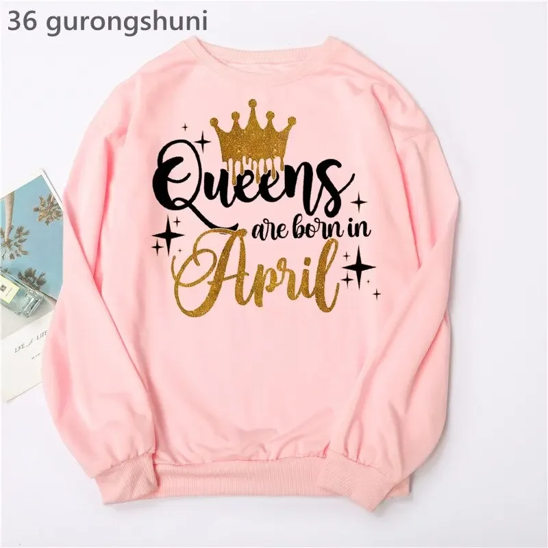 Birthday Gift Pink Hoodies Women Clothes 2024 Golden Crown Queen Are Born In January To December Graphic Print Sweatshirt Femme