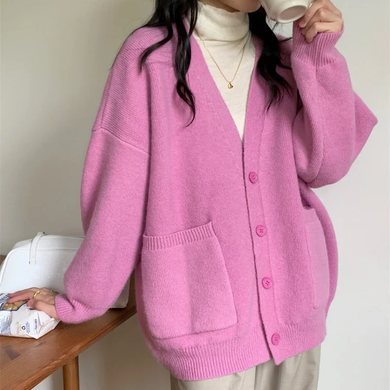 

Thick Warm V Neck Sweater Women Autumn Winter Knit Coat Female Korean Fashion Knitted Cardigan Lady Solid Long Sleeve Sweaters