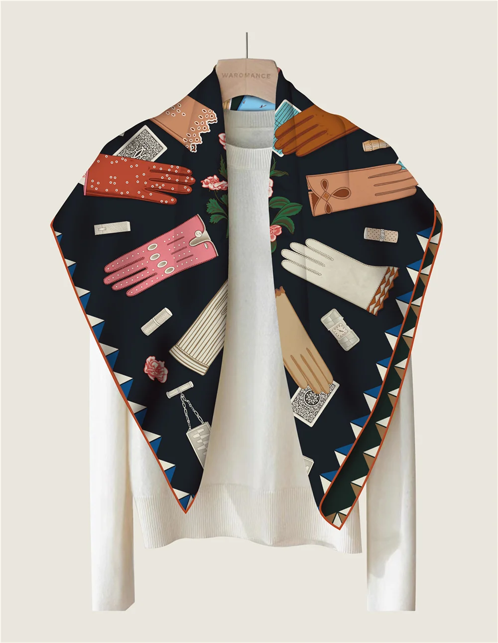 POBING Handgerollter Twill-Seidenschal für Damen, magische Handschuhe, doppelt bedruckte quadratische Schals, Wraps, Echarpes, Foulards, Femme, Hijab, 90 cm – Detail 17