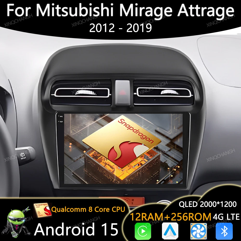 Android 15 Radio del coche para Mitsubishi Mirage Attrage 2012 2018 2019 Space Star 2014 Carplay unidad principal automática Qualcomm 4G WIFI QLED