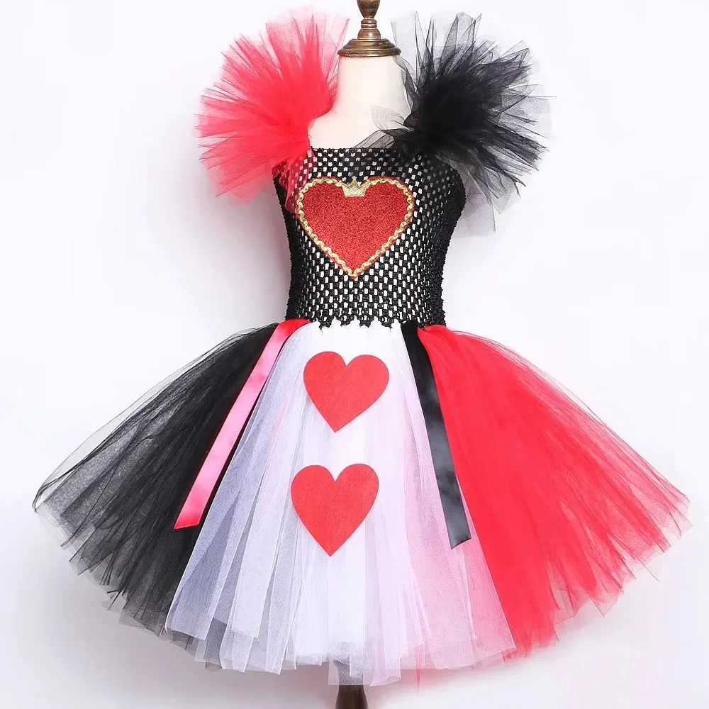 Red Queen of Hearts Costumes for Girls Christmas Halloween Disguise Dresses for Kids Carnival Outfit with Golden Crown Love Wand