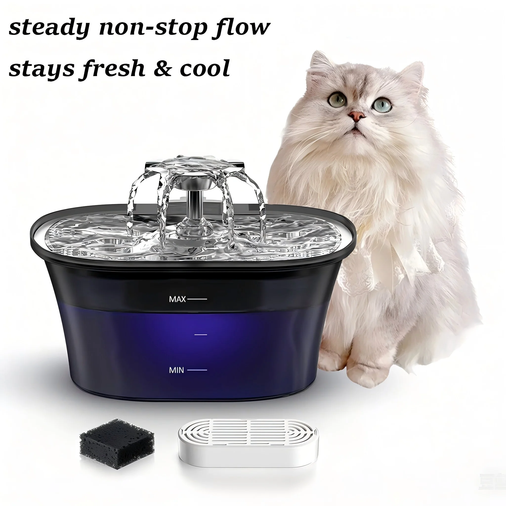 

2.5L Cat Water Fountain Auto Filter USB Electric Mute Cat Drinker Bowl Pet Water Dispenser with Stainless Steel Lid