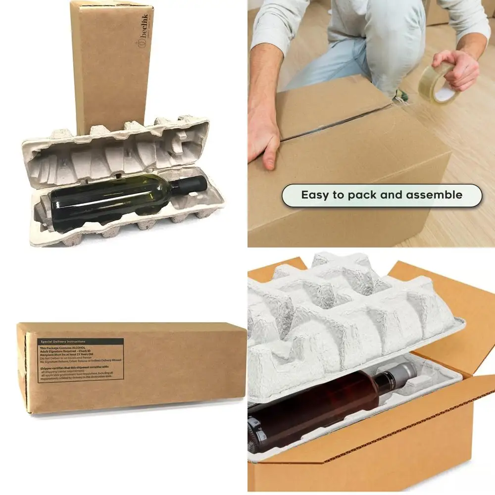 Kotak Anggur Ramah Lingkungan dari Bahan Daur Ulang dengan Baki Pelindung untuk 1 Botol, Biodegradable, Paket isi 12