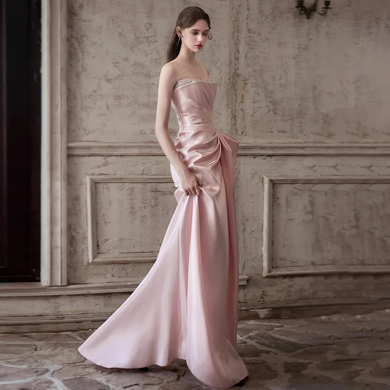 Pink Bra French Style Evening Dress for Women 2024 New High-End Annual Meeting Host Engagement Banquet Bride Toast