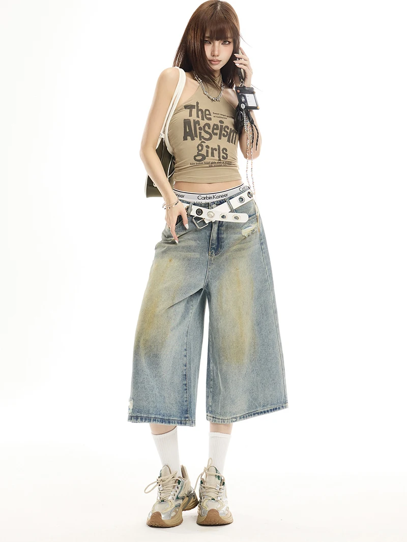 

Retro American Distressed Wide Leg Jeans Women Summer Loose Slim Straight Casual Pants Cotton Natural Waist Zipper Closure