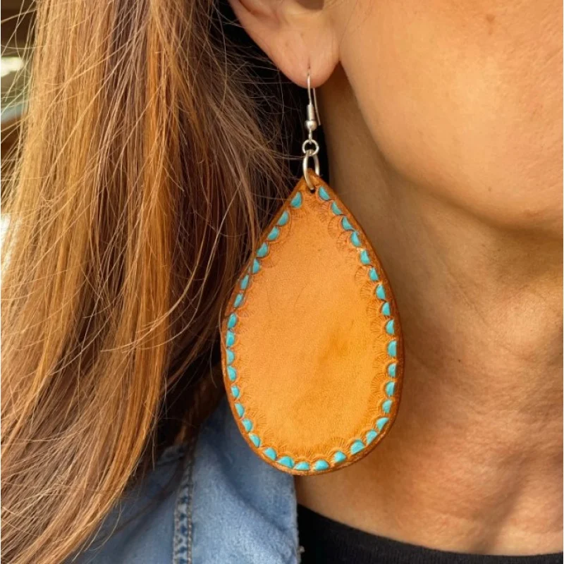 Cross Border Vintage Western Style Double Sided Printed Orange Cowhide Eyelash Big Teardrop Earrings for Moms Women