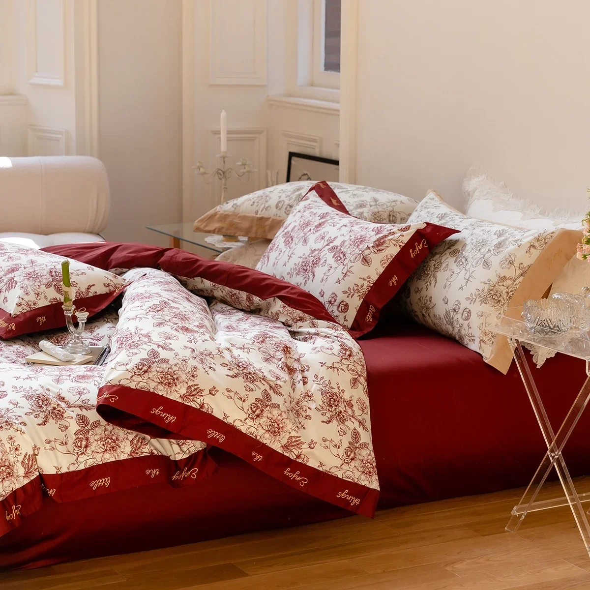 2023 New Long Staple Cotton Embroidered Plain Color Four-piece Bedding Household Must Four Seasons Universal Bedding Red Color