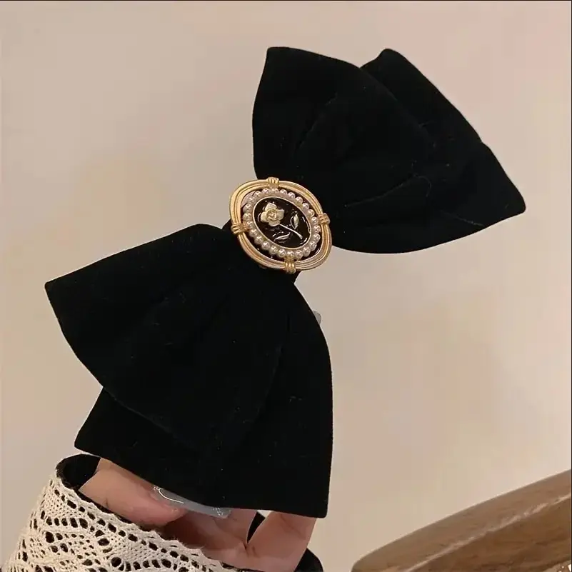 New Black Velvet Bow Hair Pins Elegant Fabric Alloy Roses Hair Clips for Women Fashion Ponytail Barrette Heawear Accessories