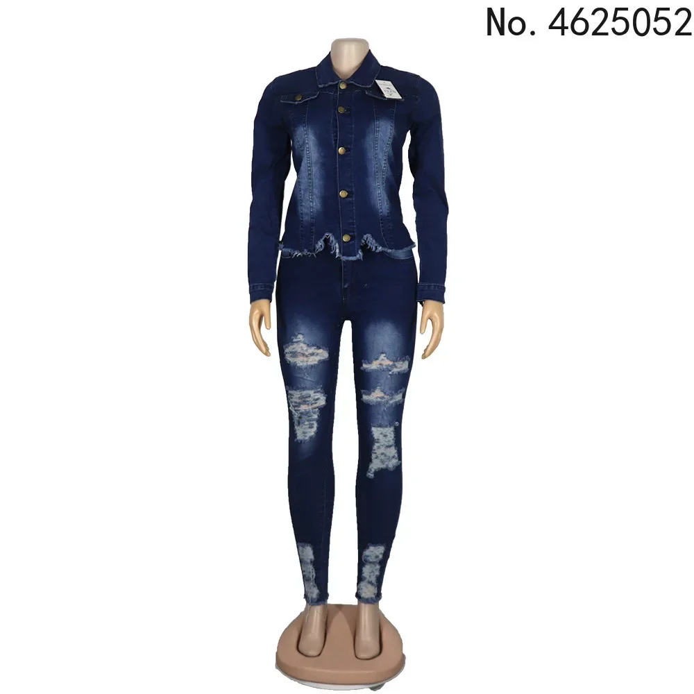 Casual Jeans Two Piece Set Women Denim Pant Suits Bodycon Tracksuit Turn Down Collar Long Sleeve Top Sets Vestidos 2025 Autumn