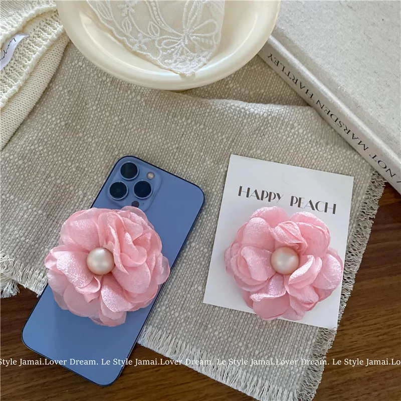 Frosted pearl pleated fabric flower mobile phone holder, sweet super fairy desktop mobile phone holder with accessories