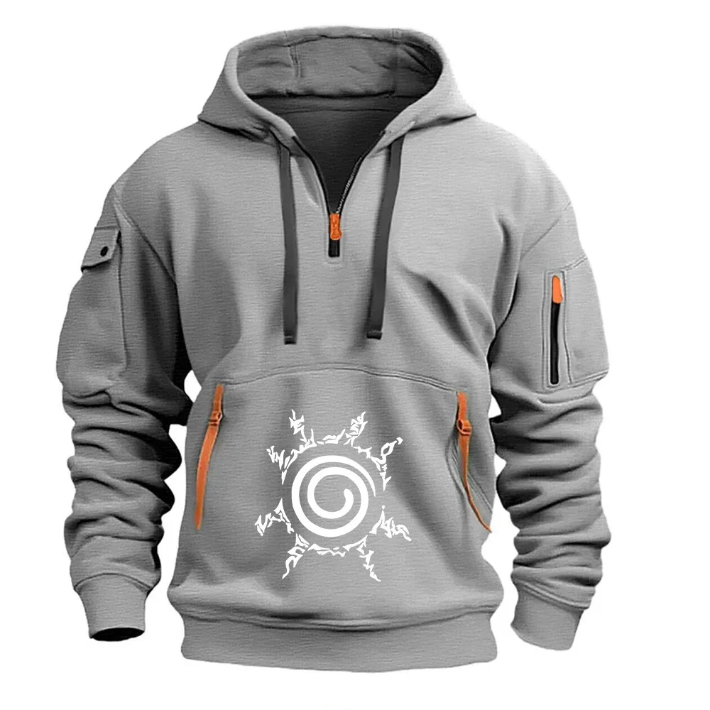 Naruto Nine Tails Seal Tactical Hoodie Half Zip Multi Pocket Sweatshirt Anime Fan Streetwear Long Sleeve Hooded Pullover Coat