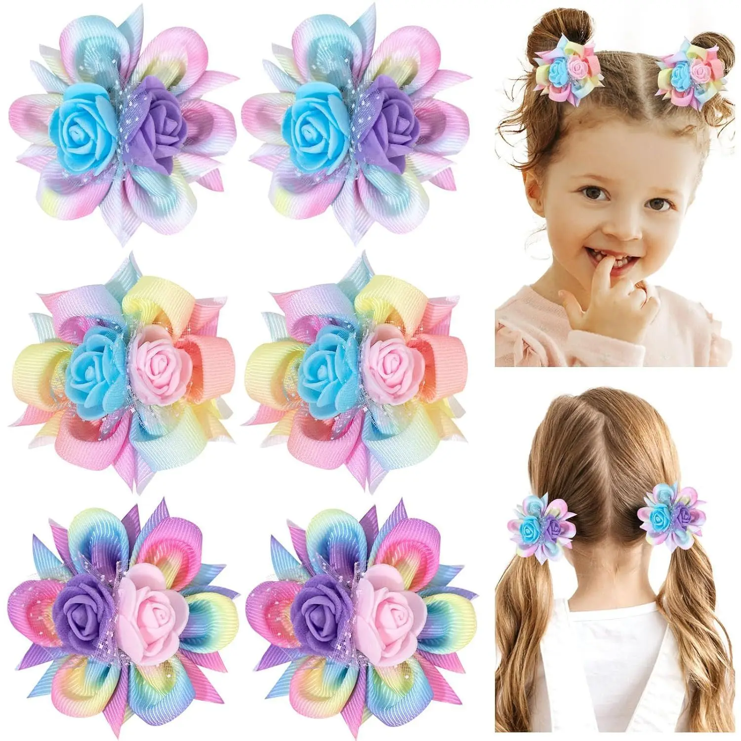 1 Paar Haarspangen mit Farbverlauf für Mädchen, Regenbogen-Blumen, dreidimensionaler Stoff-Haarschmuck, niedliche Seitenklammern, Kinder-Haarspange – Detail 1