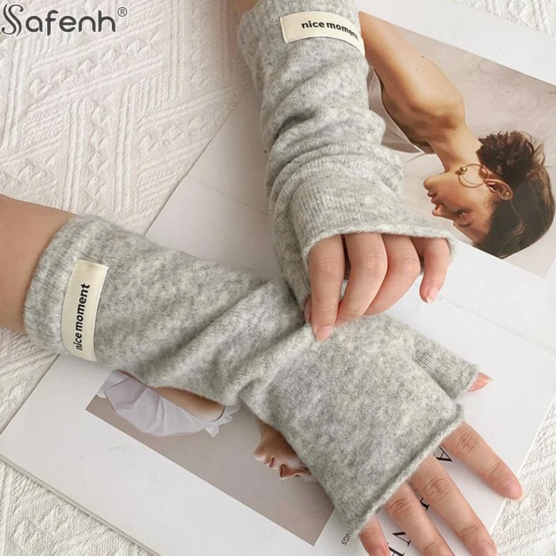 ألياف البوليستر طويلة أصابع القفازات المرأة معطف شتوي قفازات موضة الذراع كم عادية القوطي المعصم الأكمام قفاز عيد الميلاد #6