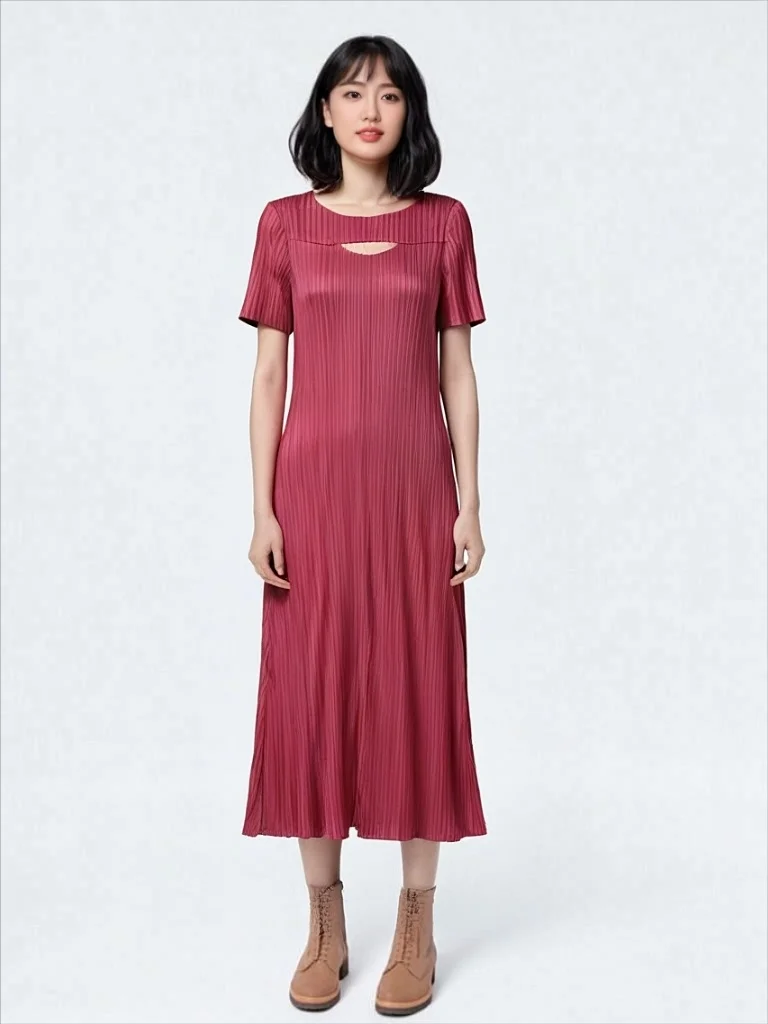 

Miyake Pleated New French Covered Long Skirt with Loose Temperament for Women, Summer Plus Round Neck Pleated Dress for Women