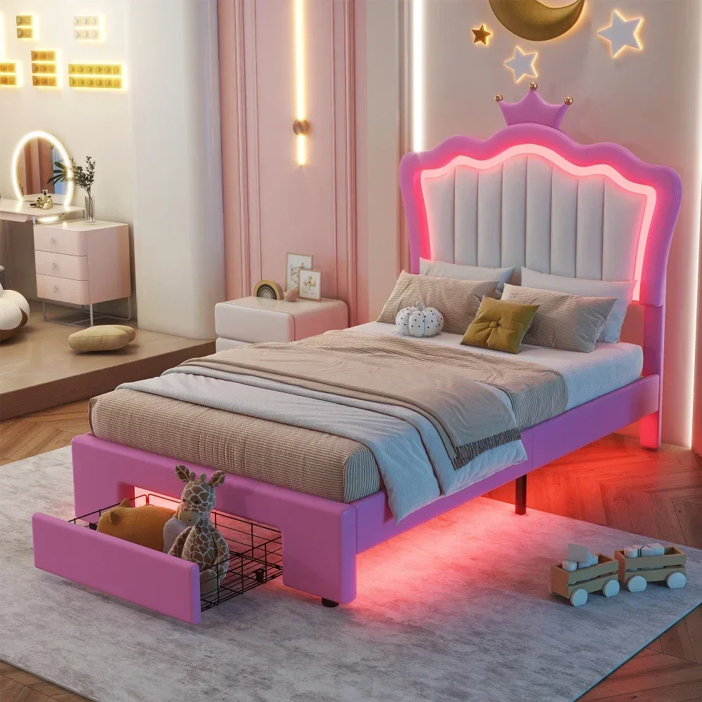 

Twin Size Upholstered Bed Frame LED Lights,Upholstered Princess Bed Headboard, Pink Bed for Girls From 6 To 12 Years Princesses