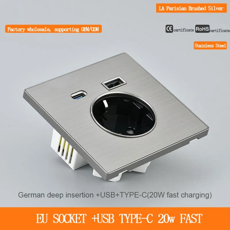French USB Type-C Power Outlet 20W Fast Charging 16A Deep Socket European Standard Stainless Steel Silver for Electronics