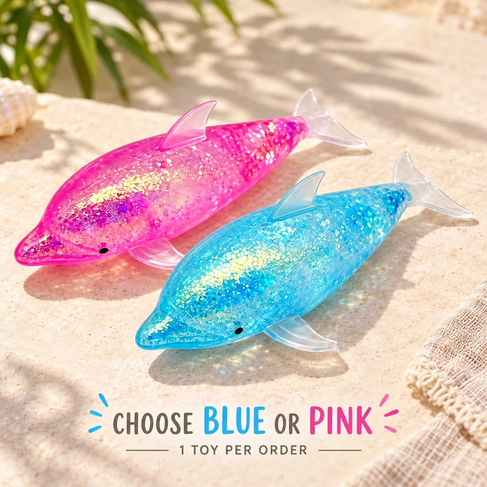 Dolphin Squishy Toy Clear Blue or Pink TPR with Shiny Flakes Ocean Animal Shape Soft Squeeze Fidget Gift for Teens and Adults