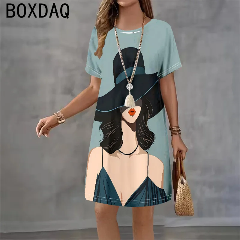 3D Abstract Funny Character Face Printed Dress Short Sleeve O-neck Casual Loose A-Line Dress Elegant Temperament Women's Dress