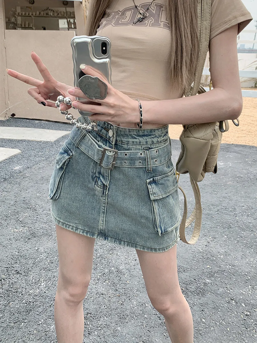 Women's Blue Mini Cargo Skirt Vintage 2000s High Waist Wrap Skirt Harajuku Korean Style Y2k Oversize A-line Short Skirt Summer