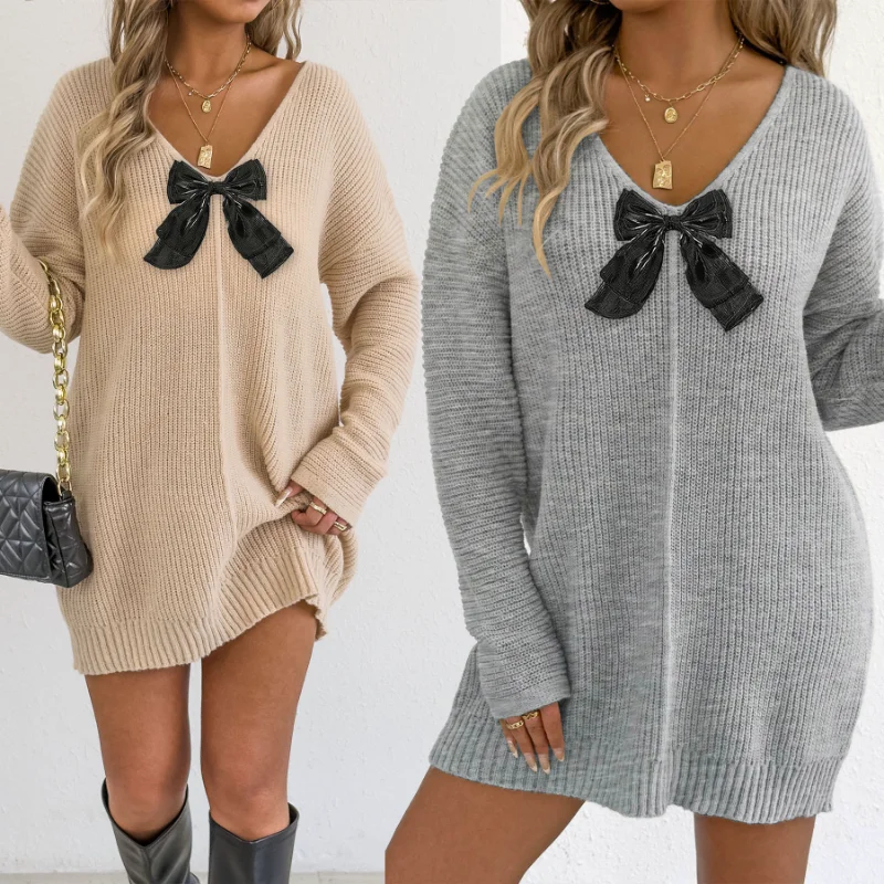 Women's Deep V Sexy Pullover Bow Patchwork Sweater Autumn Winter Bottoming Shirt Dress Does Not Include Belt