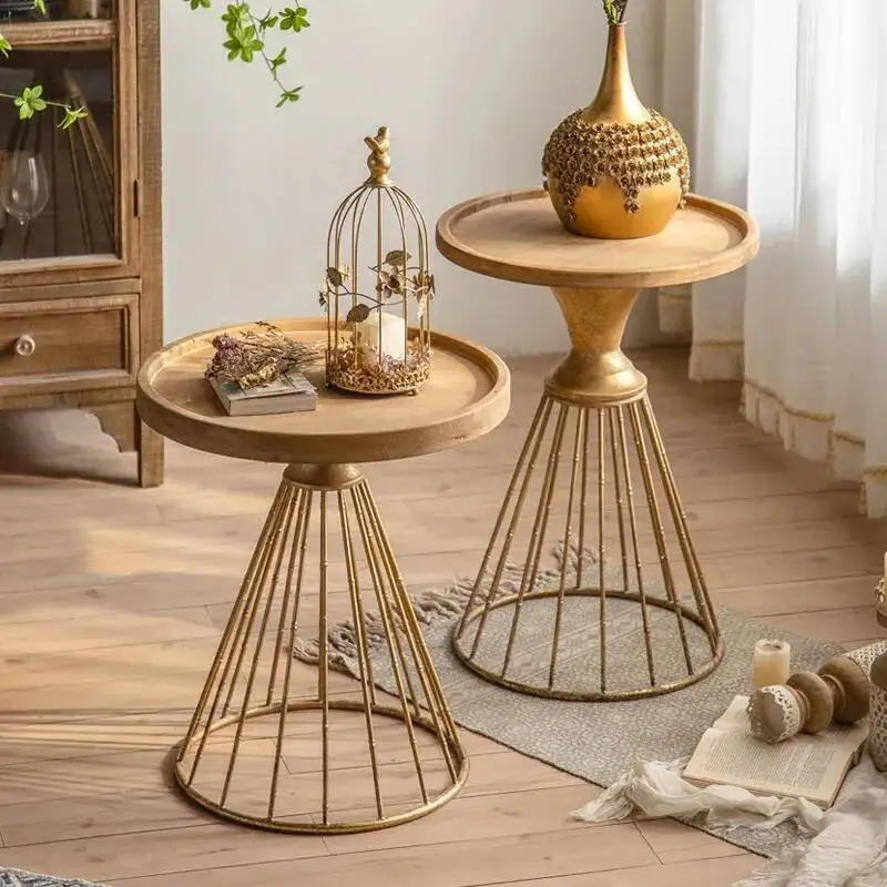 

Golden Minimalist Side Tables Solid Wood Round Iron Retro Coffee Table for Living Room mini Bedside Table Decorative Furniture