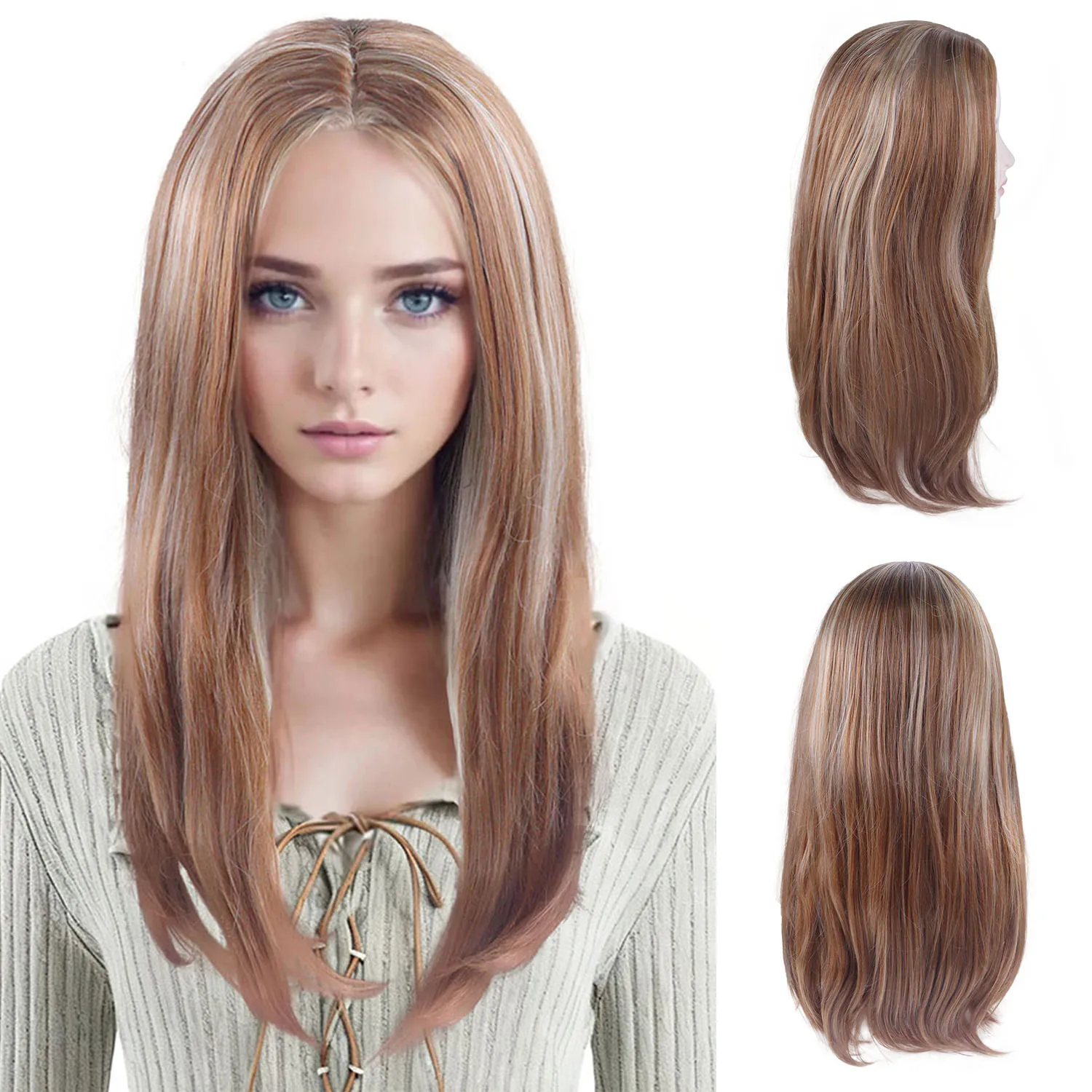 

22 Inch Brown Wig with Blonde Highlight Synthetic Hair Long Straight Wig for Women Daily Use Costume Middle Part Fashion Wigs