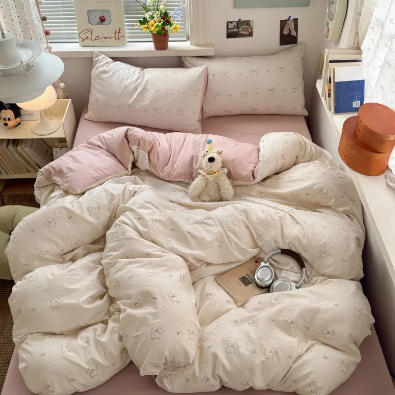 New Class A Washed Cotton Four-piece Set Pure Cotton Student Dormitory Quilt Cover Flat/Fitted Bed Sheet Bedding Kit