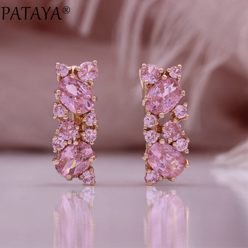 PATAYA New 585 Rose Gold Color Earrings Ring Sets For Women Fashion Pink Natural Zircon Flower Bride Rings Wedding Jewelry Sets