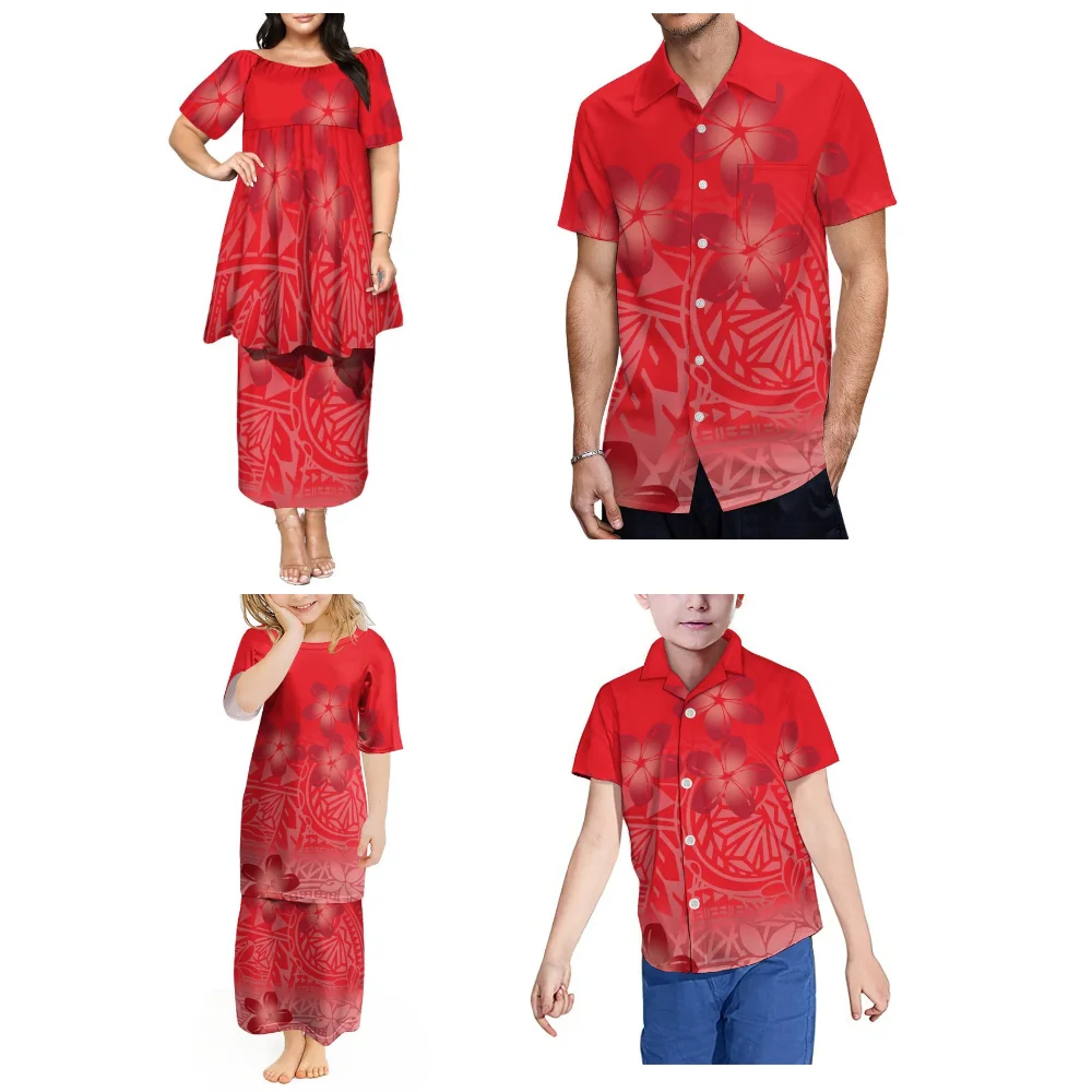 Tax Included Polynesian Adult Children'S Set Sleeve Mid-Sleeve Puletasi Women'S Double-Layer Skirt Men'S And Boys' Custom Shirt