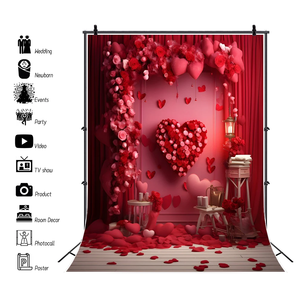 Sfondo fotografico di San Valentino Rosa rossa Fiori Cuore d'amore Interno Camera Compleanno Matrimonio Photocall Sfondo Photostudio