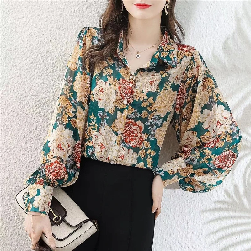 Women Floral Print Vintage Chic Button Up Shirt Korean Fashion Streetwear Loose Blouse Casual Lantern Long Sleeve All Match Tops