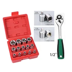 E Star Torx Socket Set E4-E24 E-Torx External Hex Socket Insert Nut with Ratchet wrench and 2pcs Square hole adapter