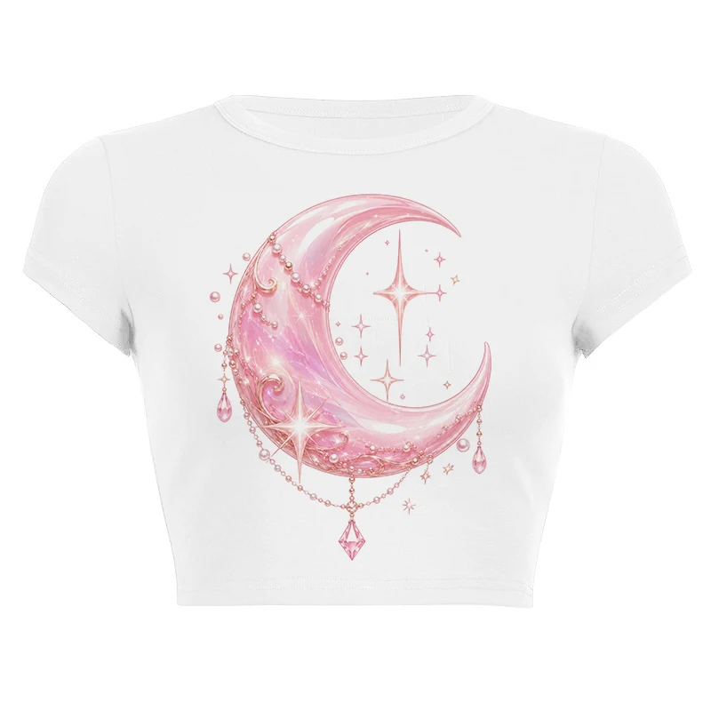 2026 Exquisite Moon Patterns Print Graphics Summer Cool Women White Round Neck Short Sleeves Shirt Vintage Casual Y2k Cute Tees