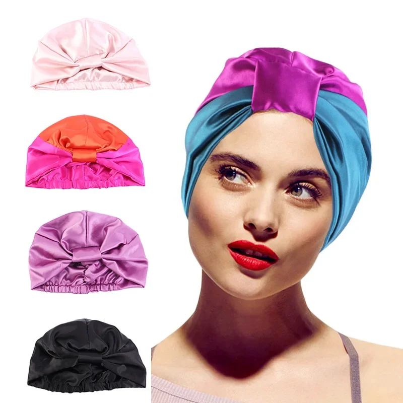 

Simulation silk double layer sleeping cap chemotherapy cap wrap waist turban cap color matching beauty makeup cap