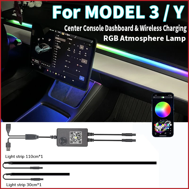 

For Tesla Model 3 Y 2017-2023 APP Control Streaming Ambient Light Center Console Dashboard Neon Ambient Strip Lamp Decoration