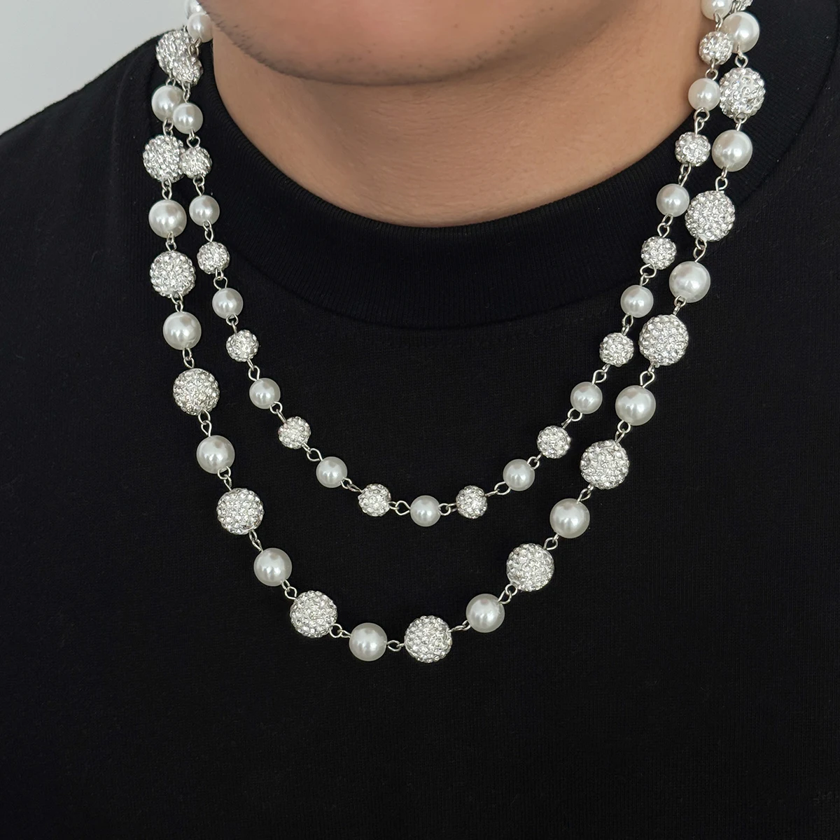 

KunJoe 2pcs/set Hip-hop Rhinestone Round Ball Beads Choker Necklace for Men Punk Imitation Pearl Clavicle Chain Male Jewelry