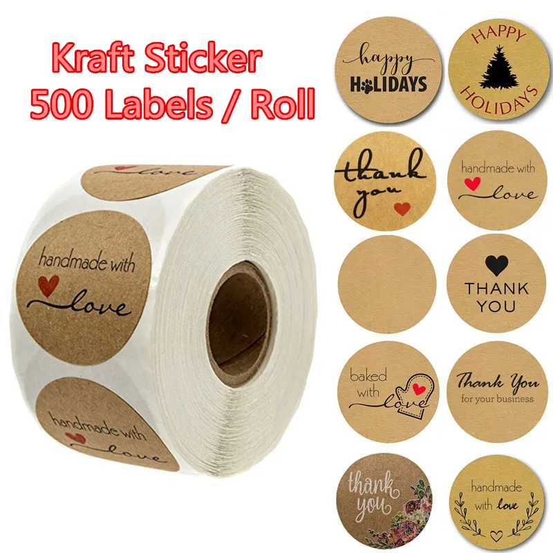 Multiple Styles 500 Labels per roll Round Natural Kraft Sticker seal labes Hand Made With Love Stickers Paper Stationery sticker