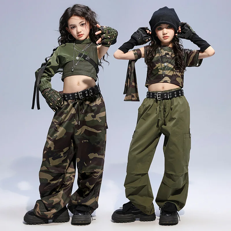 Mädchen Kpop Hip Hop Kleidung Camo Crop Top Hosen Jazz Dance Kostüm Grün Tank Top Shorts Street Dance Sets Bühne Tragen Kleidung
