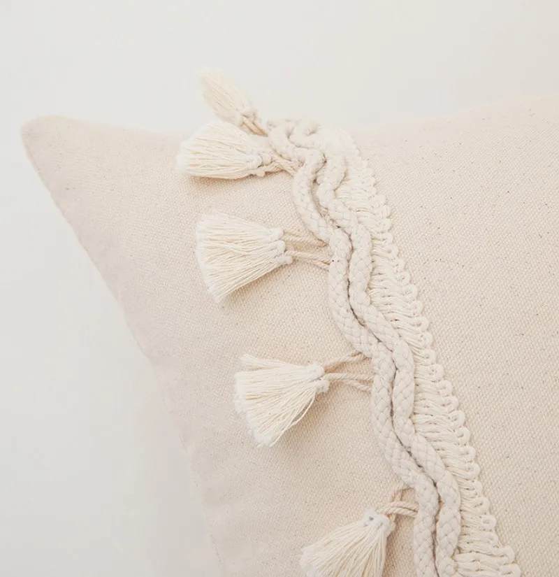 Boho Tufted Lumbar Throw Pillow Cover Modern Farmhouse Ivory Neutral Linen Gift Pillow Cushion Case with Tassels 30x50cm 45x45cm