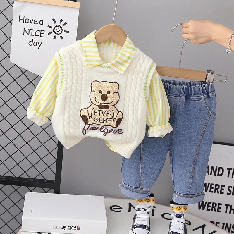 

Baby Clothing Autumn and Winter New Children's Stripe Sports Set Boys' Little Bear Sweater Simple Casual Three Piece Set