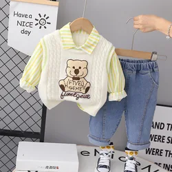 Baby Clothing Autumn and Winter New Children's Stripe Sports Set Boys' Little Bear Sweater Simple Casual Three Piece Set