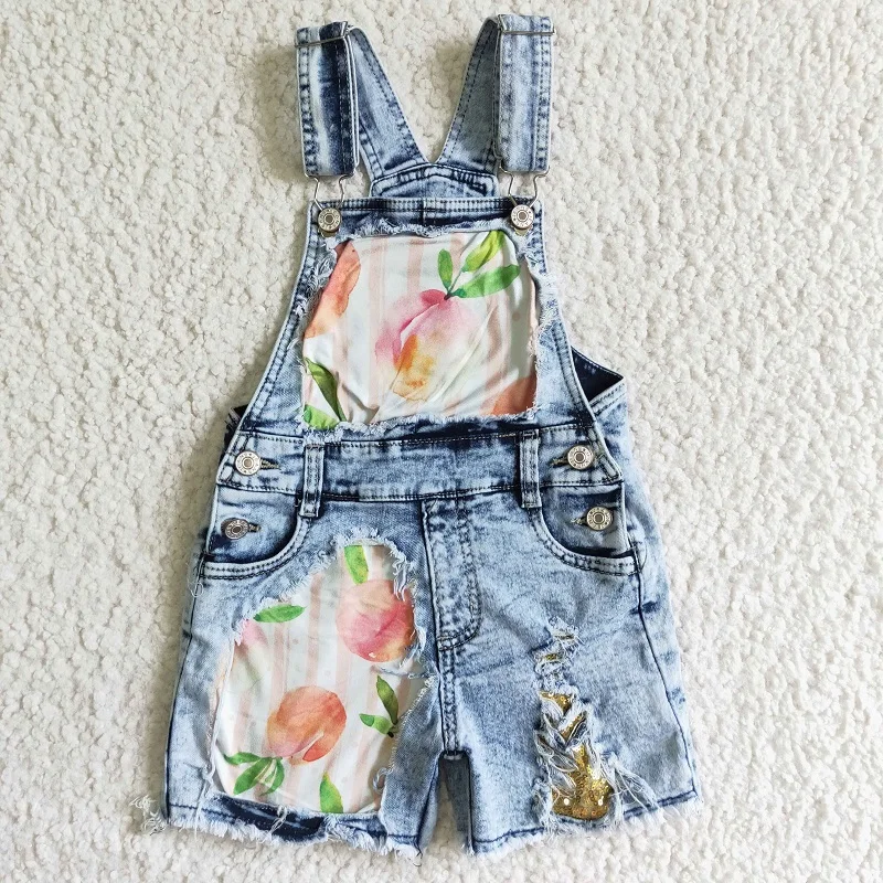 

RTS Baby Girls Wholesale Summer Peach Leaf Sequin Suspender Denim Shorts Boutique Buttons Kids Children Shorts Western Design