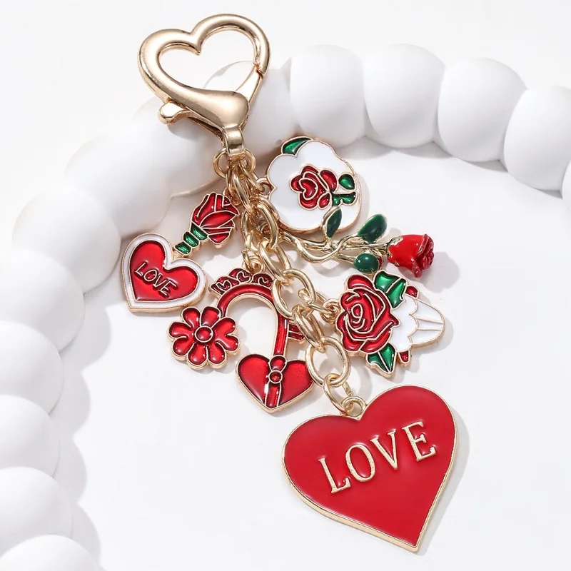 Rosa und rotes Herz Rose Liebesbrief Schokolade Emaille Schlüsselanhänger Hübsche XOXO Blume Romantisches Diy Geschenk für Liebhaber Valentinstag